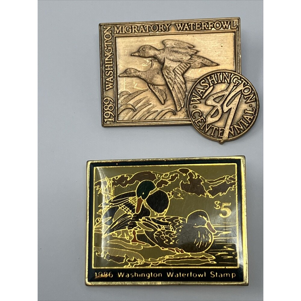 1989 Washington Migratory Waterfowl Brass Lapel Pin Centennial & 1986 Stamp Pin